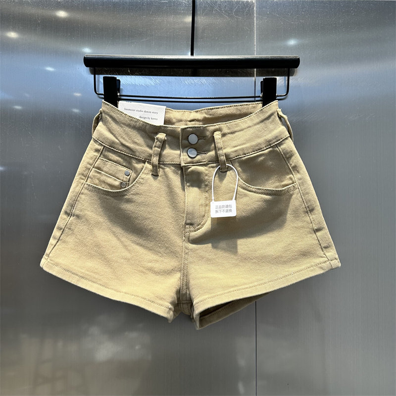 显腿长显瘦高腰两粒扣卡其色弹力紧身牛仔短裤2025年夏款A字热裤
