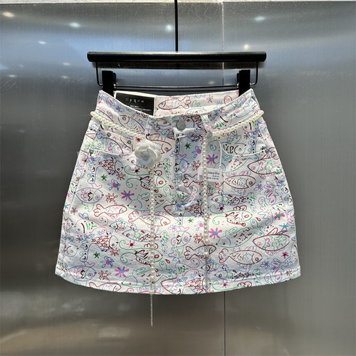 INS减龄小清新彩绘印花高腰A字白色牛仔短裙2025年夏季新款半身裙