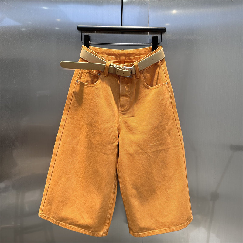 美式亮橘色设计感牛仔七分裤女2026年春季新款高腰显瘦休闲阔腿裤