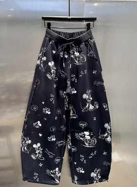 藏蓝色卡通米奇涂鸦印花设计感运动裤女2025年冬季新款加绒弯刀裤