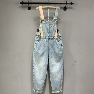 百搭撞色设计连体裤 新款 24夏季 欧洲站显瘦牛仔高腰抽绳收腰背带裤