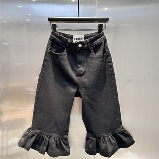 黑色花边设计洋气牛仔中裤女2026春季新款时尚百搭显瘦七分阔腿裤