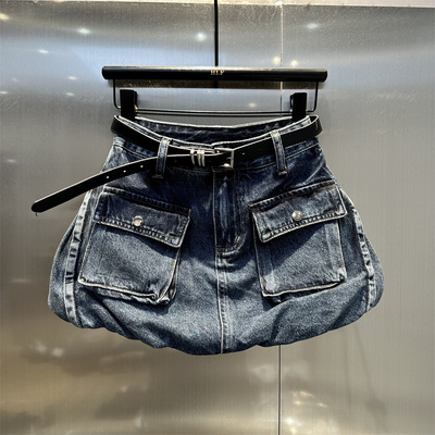 复古水洗深蓝色花苞牛仔短裙女2025年秋季新款别致口袋设计半身裙
