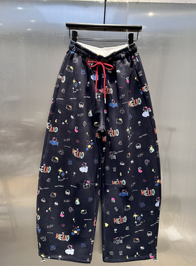 藏蓝色卡通印花设计感加绒加厚运动卫裤女2025年冬季新款弯刀长裤