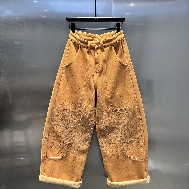 美式橘色满天星烫钻弯刀牛仔裤女2025年冬季新款加绒加厚宽松长裤