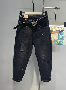 欧洲站黑色烫钻牛仔裤2024春秋新款假破洞百搭大码垮裤学生老爹裤