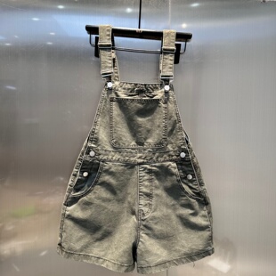牛仔背带裤女夏季宽松减龄军绿色阔腿短裤小个子水洗裤子