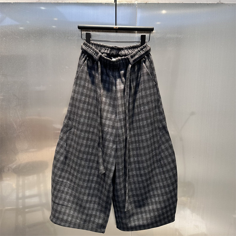 慵懒风复古格子羊绒宽松阔腿裤女2025年冬季新款加绒加厚九分裤子