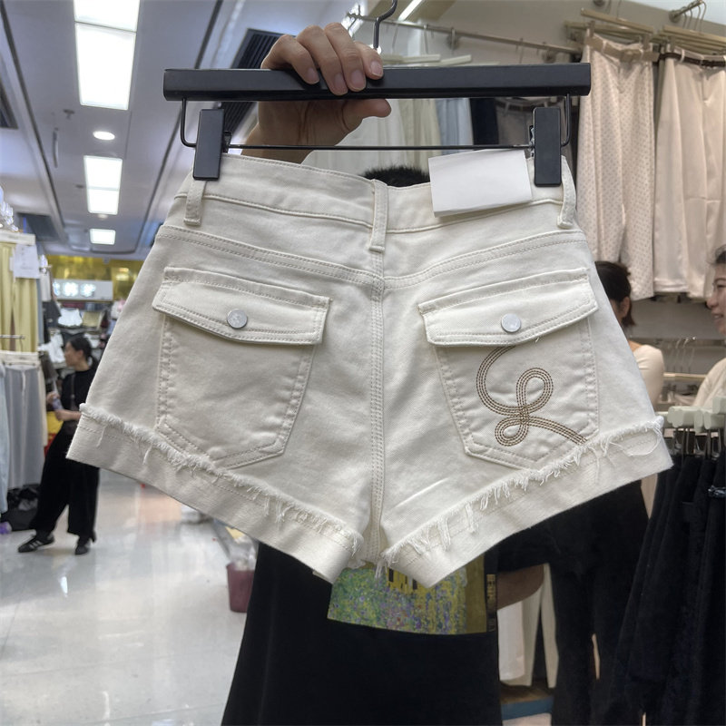 春季毛边高腰多口袋修身显瘦牛仔休闲风时尚潮流日常百搭微弹短裤