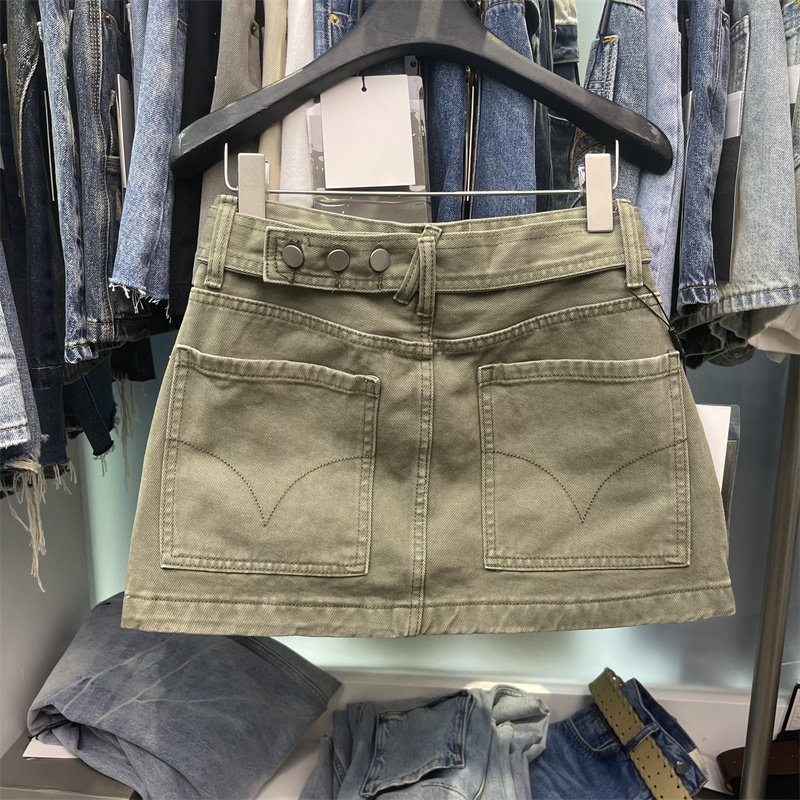 绿色牛仔短裙2026夏季新品欧货无弹腰部绑带性感辣妹裙A字裙
