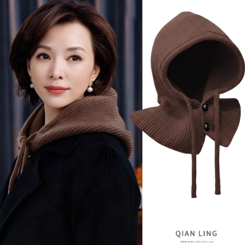 咖啡色帽子围巾一体帽女冬季保暖毛线护颈围脖洋气韩版针织拉法帽