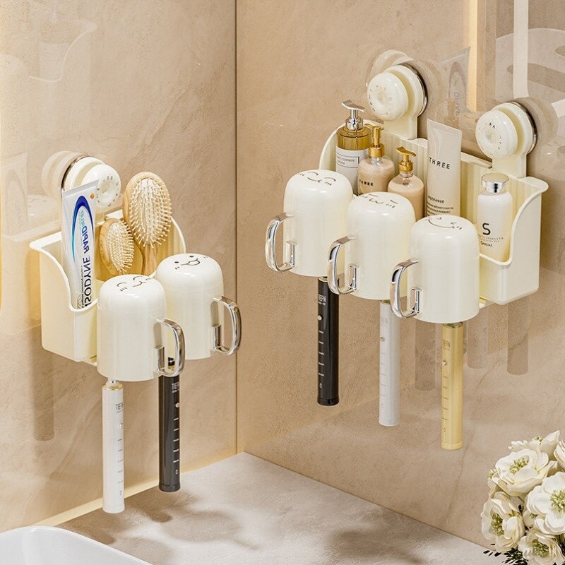吸盘牙刷置物架壁挂式免打孔家用化妆室儿童电动牙刷牙膏漱口杯架
