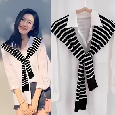 条纹针织小披肩春秋女网红交叉斗篷外搭衬衫百搭毛线围巾护颈坎肩