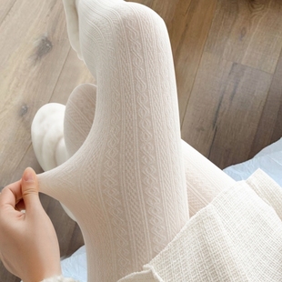 日系麻花加绒燕麦棉打底裤 秋冬奶白色连裤 袜女jk加厚外穿显瘦薄款