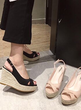 夏季新款超高跟坡跟凉鞋一字扣带防水台松糕厚底鱼嘴高跟女鞋