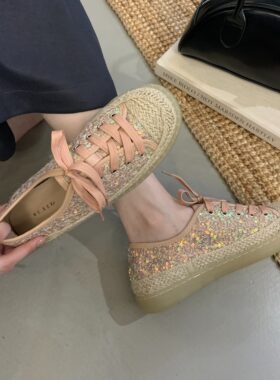 亮片法式仙女休闲时尚厚底渔夫鞋春秋韩系甜美绑带编织女单鞋