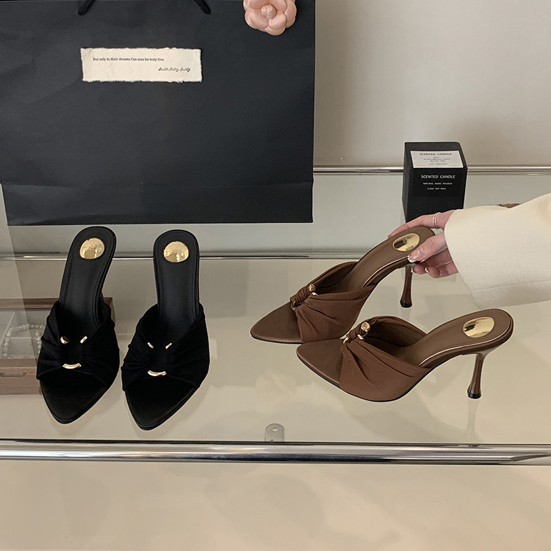 2025夏季时尚露趾女鞋御姐范尖头凉拖鞋欧美气质金属扣高跟鞋,女鞋,一字拖,淘宝优惠券,粉丝福利购,淘宝优惠卷
