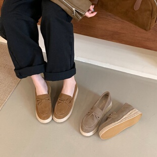 2026春季新款真皮编织一脚蹬渔夫鞋女百搭小众坡跟厚底勒夫单鞋