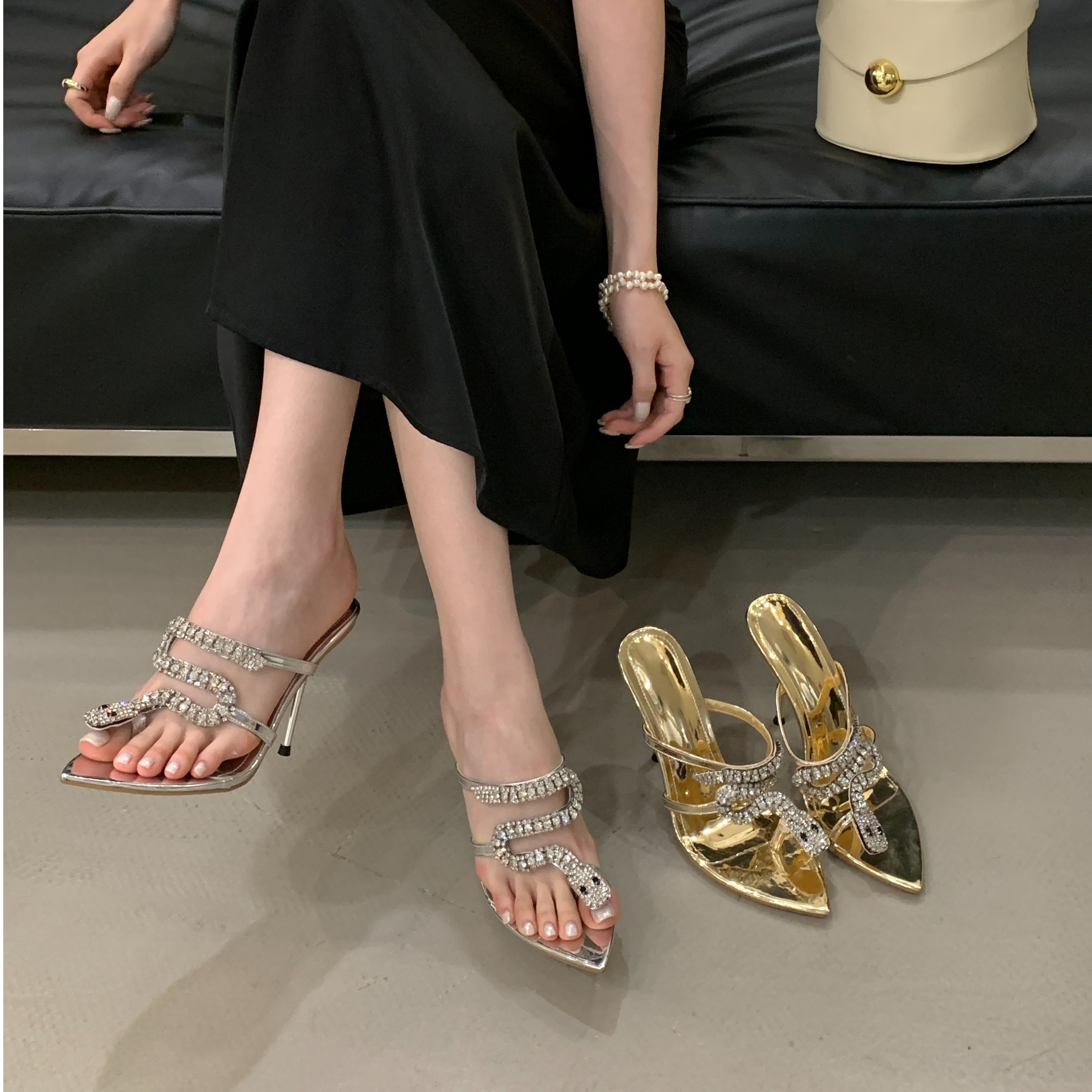 2025夏季新款凉拖鞋女欧美时尚尖头夹趾水钻蛇头百搭性感细高跟鞋,女鞋,一字拖,淘宝优惠券,粉丝福利购,淘宝优惠卷