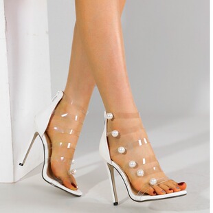 2025欧美新款时尚透明带凉鞋女珍珠露趾后拉链细跟高跟鞋
