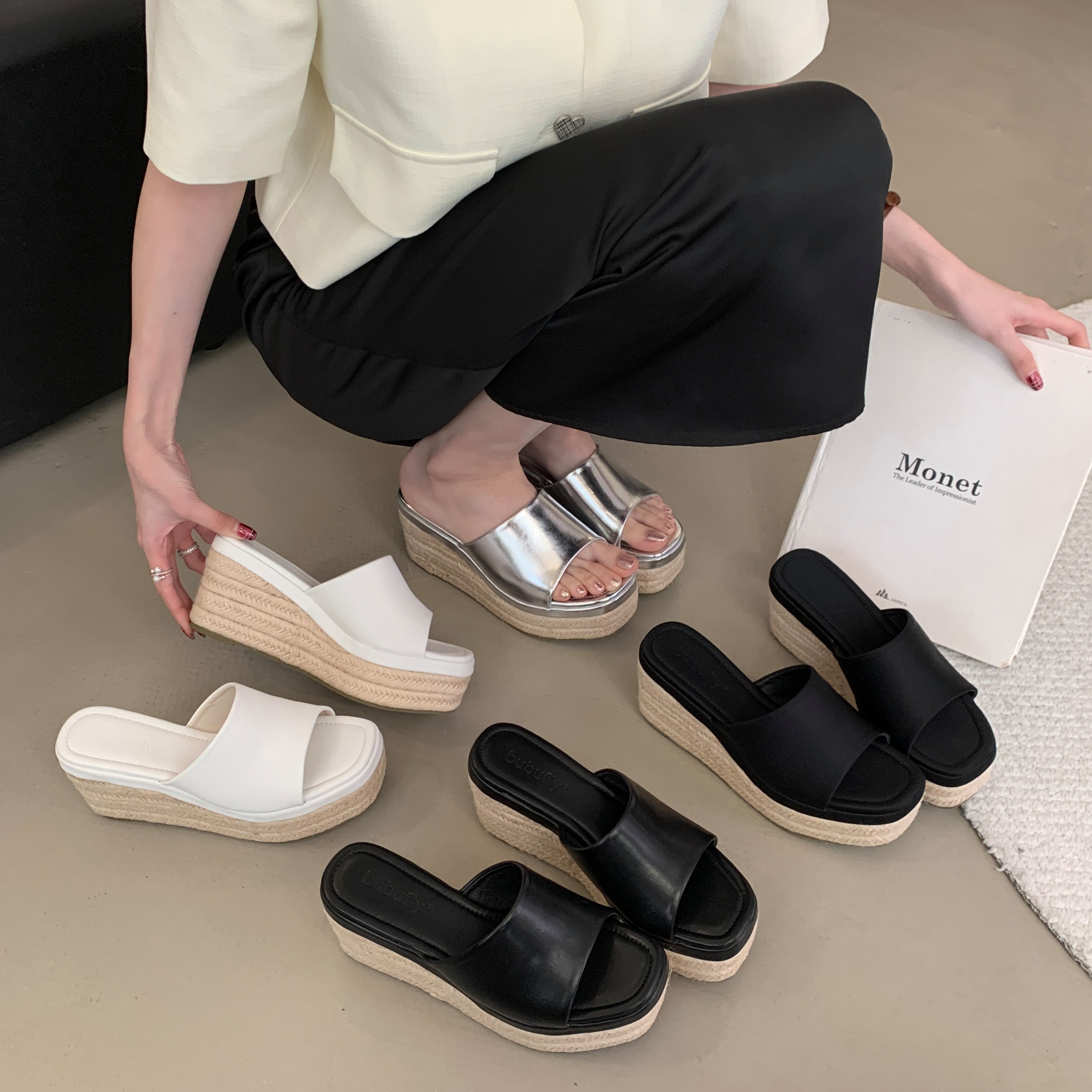 小个子草编坡跟凉鞋女夏季2025厚底高跟鞋一字式凉拖鞋外穿
