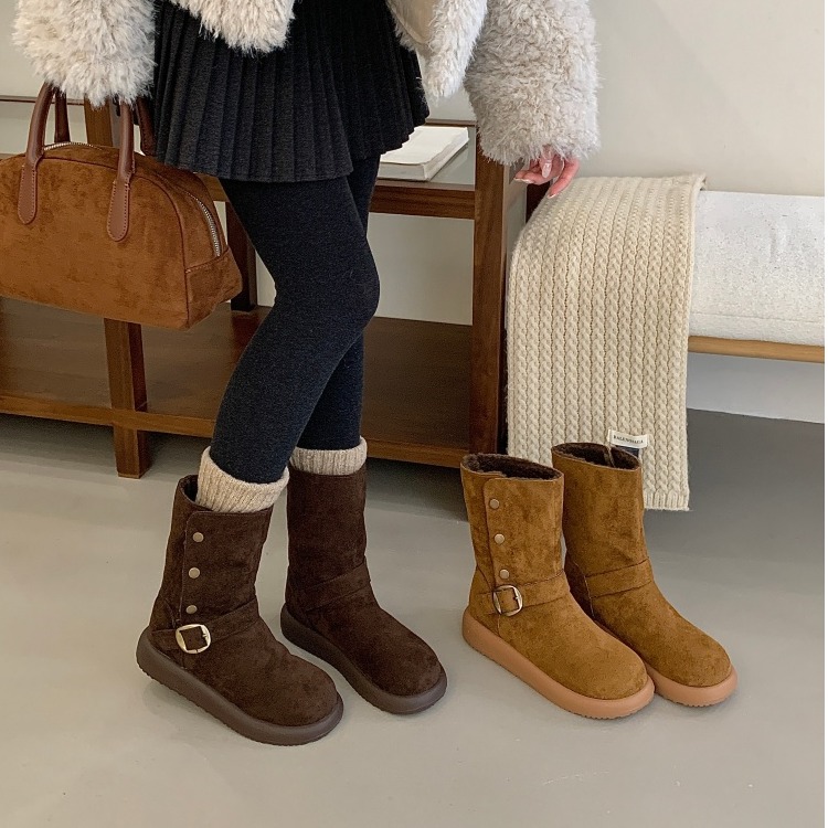 2025新款秋冬季可翻折保暖金属扣带加绒厚底粗中筒靴女雪地靴