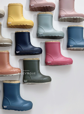 新款现货西班牙igor儿童加绒雨靴防水防滑保暖纯色小学生胶鞋男女
