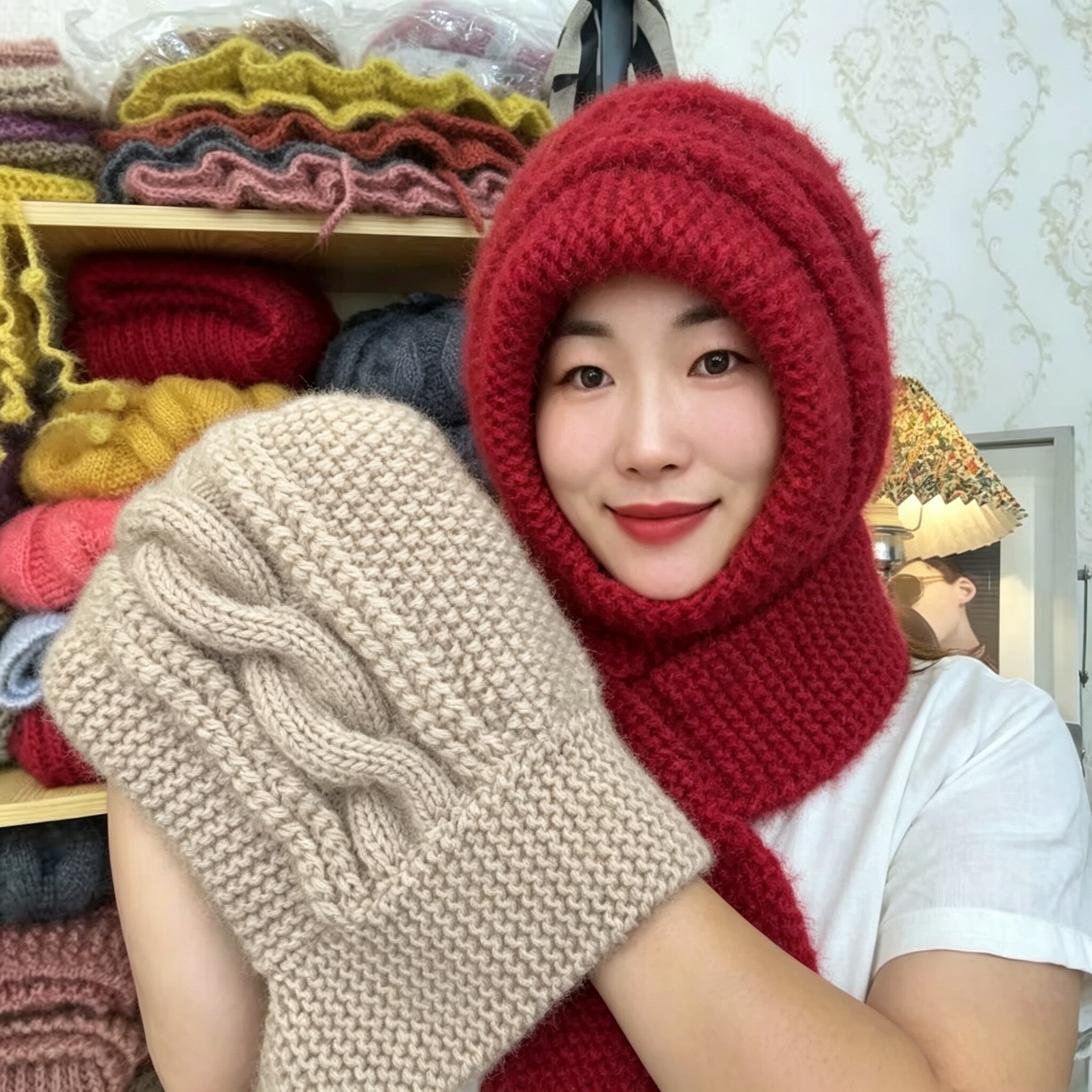 女士秋冬帽子围巾一体毛线帽子保暖针织帽户外骑车包头护耳风雪帽