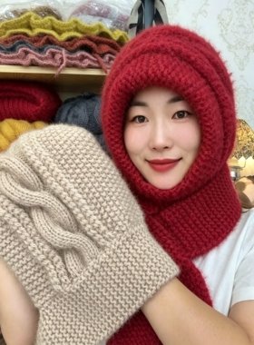 女士秋冬帽子围巾一体毛线帽子保暖针织帽户外骑车包头护耳风雪帽