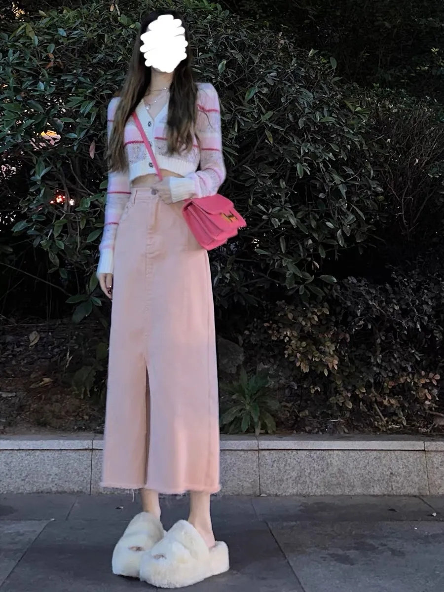 大码粉色开叉牛仔半身裙女2023新款高腰显瘦中长款流苏a字长裙子