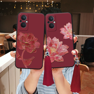 适用真我立体浮雕牡丹荷花手机壳