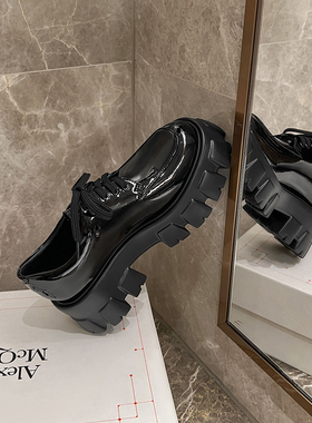 刘雯同款松糕厚底小皮鞋女复古英伦风百搭乐福鞋甜酷黑色真皮鞋子