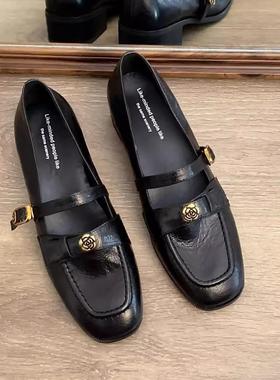 羊皮版~真皮复古法式单鞋女粗跟一字扣带玛丽珍鞋通勤山茶花皮鞋