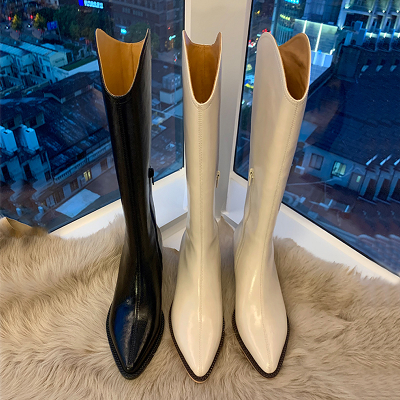 大叔尖头粗跟西部牛仔靴