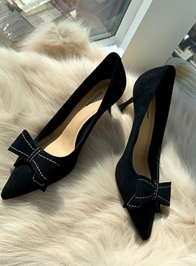 法式气质~大叔家2024春季真皮尖头蝴蝶结细跟黑色高跟单鞋女婚鞋