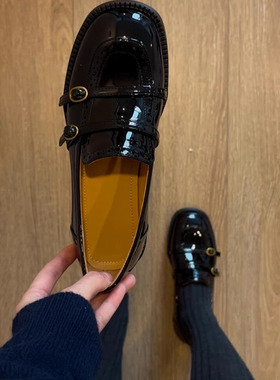 羊皮版~复古雕花圆头乐福鞋女皮带扣英伦风小皮鞋真皮一脚蹬单鞋