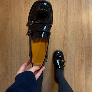 羊皮版~复古雕花圆头乐福鞋女皮带扣英伦风小皮鞋真皮一脚蹬单鞋