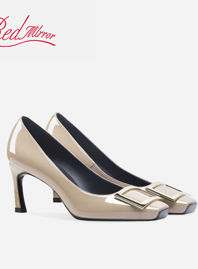 红镜rv方扣高跟鞋2025年新款女方头职业气质方扣细跟浅口羊皮单鞋