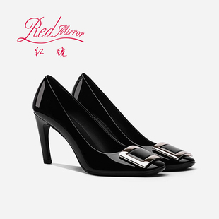 2025新款黑色漆皮方扣高跟鞋女细跟浅品百搭法式职业通勤宴会单鞋