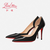 红镜2025新款 红底高跟黑色侧空性感气质百搭职业尖头浅口细跟单鞋