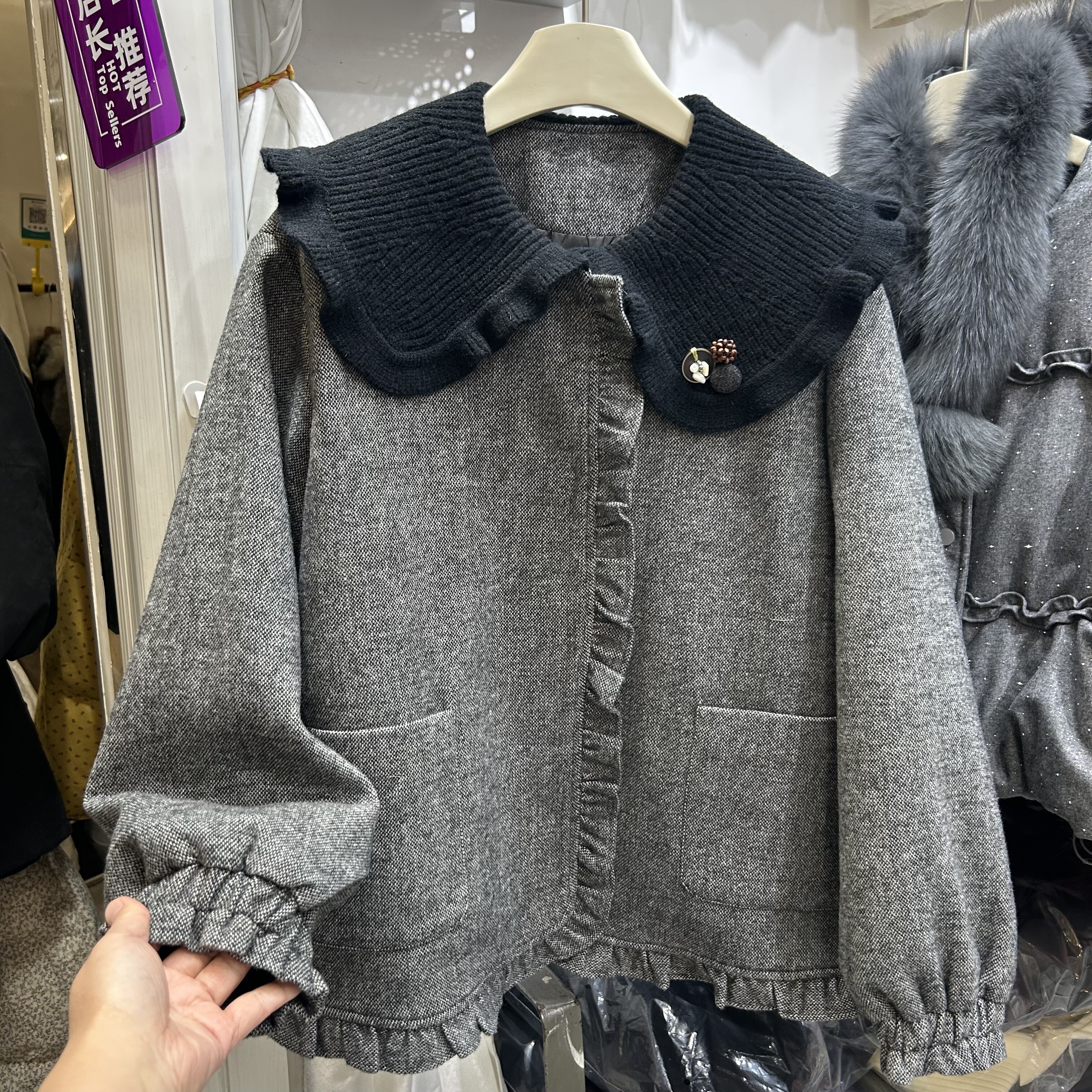 韩系拼接针织娃娃领90绒羽绒服2025新款小个子高级感减龄外套上衣