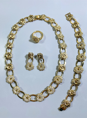 Vintage中古法国Filon打标莱茵石镶嵌祥云造型耳环戒指手链项链套