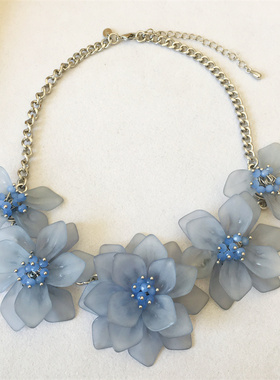 Vintage中古英国MS打标雾蓝色树脂花朵个性夸张百搭时髦项链女