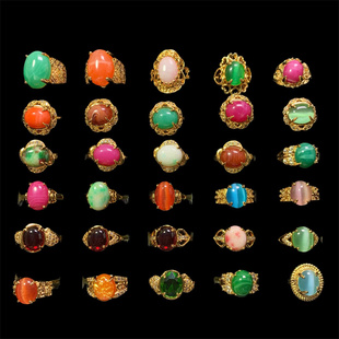 Vintage中古 彩色系列 复古宫廷风琉璃天然石水晶镶嵌孤品戒指女