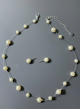 Vintage中古美国老牌LC打标经典百搭琉璃珍珠耳钉短款项链套装