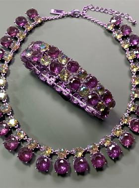 Vintage中古美国INC打标唯美浪漫复古紫色水晶重工短项链手链套装