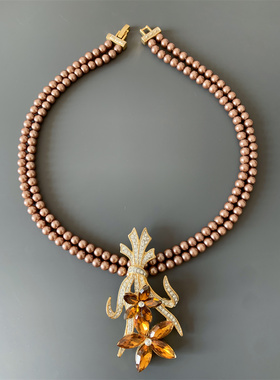 Vintage中古 美拉德色系咖色琉璃珍珠水晶花束吊坠双层短项链女