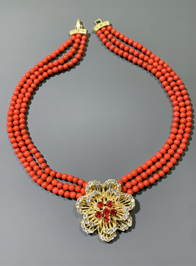 Vintage中古 喜庆新娘配饰本命年中国红色琉璃珠多层花朵坠短项链