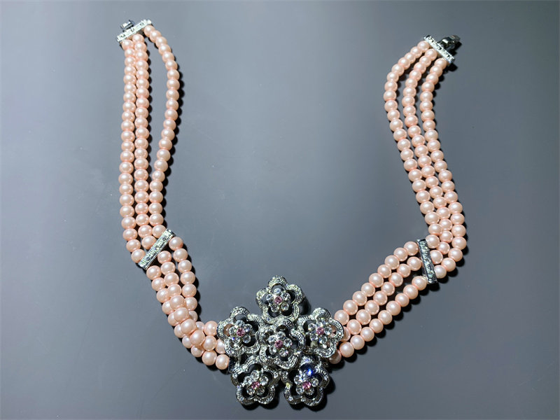 Vintage中古 复古小清新气质小香风粉琉璃珍珠多层短项链chorker