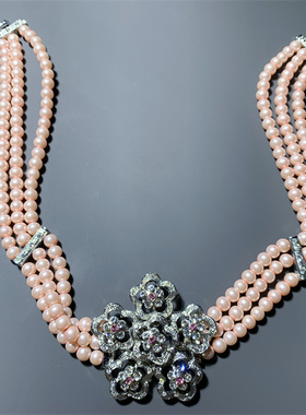 Vintage中古 复古小清新气质小香风粉琉璃珍珠多层短项链chorker